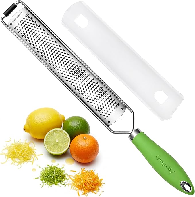 Spring Chef Stainless Steel Lemon Zester Grater with Handle - Garlic, Cheese, Parmesan, Nutmeg, Lime, Ginger Grater - Heavy Duty Kitchen Tool - Citrus Zester with Blade Cover - Fine Shred - Green