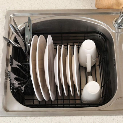 TQVAI Kitchen Dish Drainer Rack with Drying Board and Full-Mesh Silverware Utensils Holder, Black - Image 4