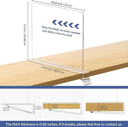 12 Pack 12 Inches [Extra Tall Version] Clear Shelf Dividers for Organization, Acrylic Closet Shelf Vertical Shelves Organizer for Bedroom, Kitchen and Office