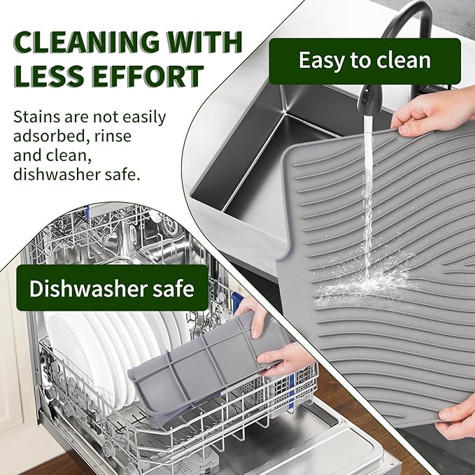 Silicone Dish Drying Mat 16x13,Food-Grade Silicone,Easy Clean Pad for Countertop Protection,Heat Resistant,Easy Clean,Non-Slip Drain Pad with Built-in Drain,Multi-Functional Use,Grey - Image 7