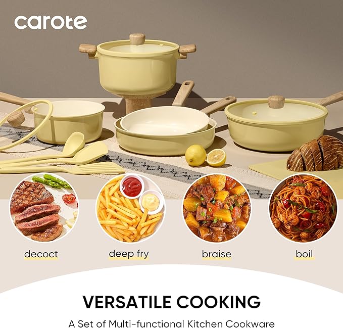 CAROTE 24pcs Ceramic Cookware Set, Pots and Pans Non Stick Kitchen Cookware Sets, Pots and Pans Set Cooking Set with Knife Set - Image 3