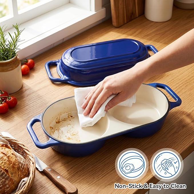 Double Dutch Oven Pot with Lid, Enameled Cast Iron Bread Loaf Pan, Dutch Oven For Sourdough Bread Baking, 500°F Oven Safe Non Stick Dual Round Bread Pan, 16.5cm Diameter Loaf Pans, Blue