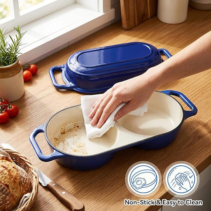 Double Dutch Oven Pot with Lid, Enameled Cast Iron Bread Loaf Pan, Dutch Oven For Sourdough Bread Baking, 500°F Oven Safe Non Stick Dual Round Bread Pan, 16.5cm Diameter Loaf Pans, Blue