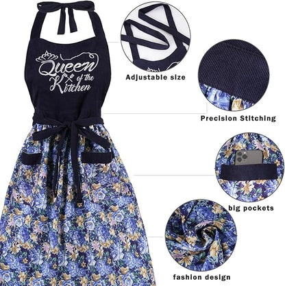 Cute Floral Aprons for Women with Pockets,Cotton Adjustable Neck Strap Apron for Kitchen Cooking Baking Gardening