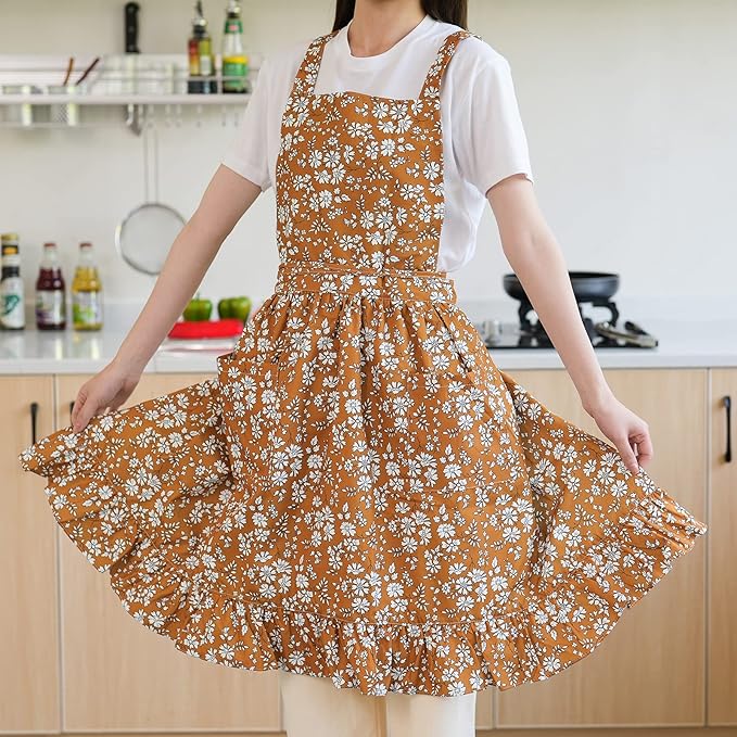 Pinknoke Vintage Pinafore Apron Dress for Women with Pockets Cute Floral Chef Aprons for Kitchen Cooking Baking Gardening - Image 8