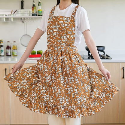 Pinknoke Vintage Pinafore Apron Dress for Women with Pockets Cute Floral Chef Aprons for Kitchen Cooking Baking Gardening - Image 8