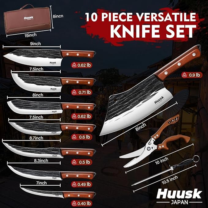 Huusk Butcher Knife Set, Hand Forged Butcher Chef Knife Set with Bag, Sharp Meat Cleaver & Bbq Carving Knives & Boning Breaking Knives for Kitchen & Camping, Christmas Gifts for Men Women - Image 7
