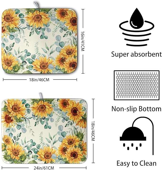 Sunflowers Dish Drying Mat for Kitchen Counter Yellow Flower Green Leaves Dish Draining Mats Spring Summer Floral Dishes Pad Microfiber Absorbent Dish Drainer Rack Mat 16x18 Inch - Image 2