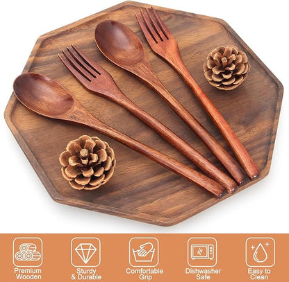 12 Pieces Wooden Forks and Spoons for Eating Utensil Set Lunch Wooden Cutlery Japanese Silverware Sets Flatware Reusable Bamboo Small Utensils Korean Mini Wooden Spoon Fork Set - Image 4