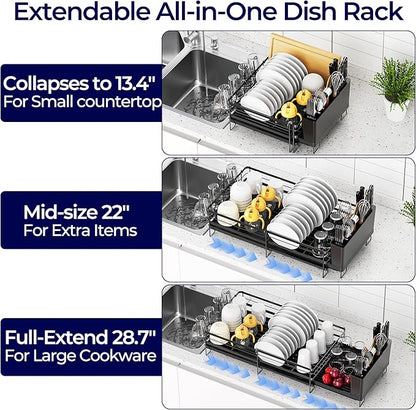 Large Dish Drying Rack, Expandable Dish Rack for Kitchen Counter, Dishrack with Drainboard Set, Multifunctional Dish Drainer with Utensil Holder & Cup Holder, Black