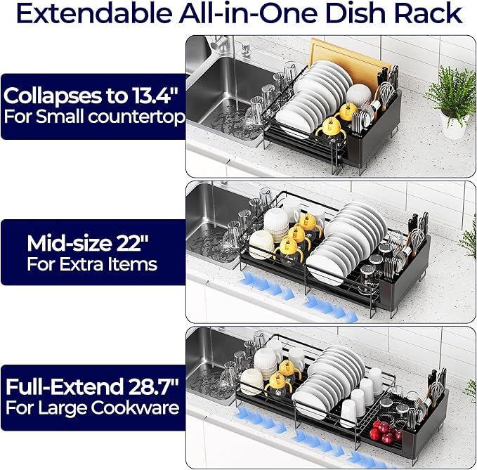 Large Dish Drying Rack, Expandable Dish Rack for Kitchen Counter, Dish Drainer with Drainboard Set, Multifunctional Dishrack with Utensil & Cup Holder, 13.4"-28.7" L x 11.8" W x 7.8" H, Black - Image 2