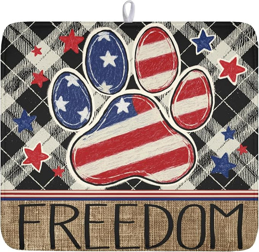 4th of July Dish Drying Mat 18x16 Inch, Patriotic Drying Mat with Absorbent Reversible Microfiber, Independence Day Dish Drainer Mats Memorial Day Rack Pad for Coffee Countertop Kitchen Protector
