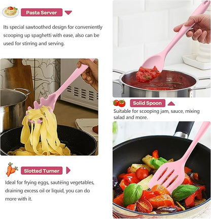 TeamFar Kitchen Cooking Utensils, 10 pcs Silicone Cooking Utensils Set, 446°F Heat Resistant Kitchen Gadgets Tools Set w/Spatula, Turners, Spoons, Soup Ladle, Pasta Server for Nonstick Cookware, Pink - Image 4