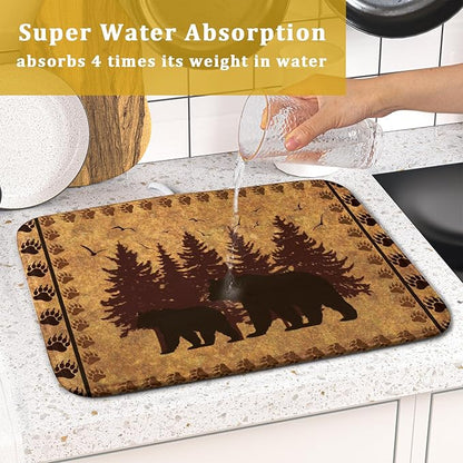 Giwawa 16"x18" Brown Bear Dish Drying Mat Rustic Forest Wildlife Woodland Dish Drainer Mats for Kitchen Countertop Farmhouse Animal Paw Print Fast Dry Microfiber Dish Drying Pad Decoration