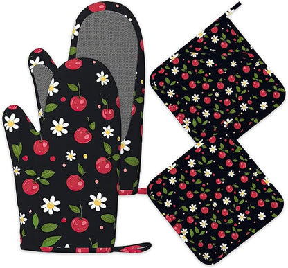 Cherry Oven Mitts and Pot Holders Sets of 4, Heat Resistant Daisy Floral Silicone Oven Mitts Gloves Non-Slip Kitchen Mittens Potholders for Cooking Baking Grilling BBQ