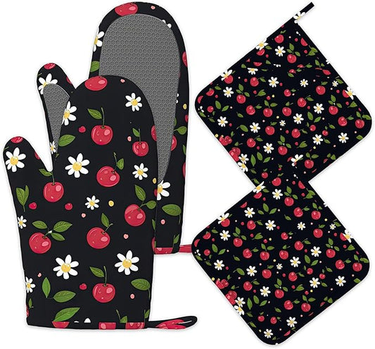 Cherry Oven Mitts and Pot Holders Sets of 4, Heat Resistant Daisy Floral Silicone Oven Mitts Gloves Non-Slip Kitchen Mittens Potholders for Cooking Baking Grilling BBQ