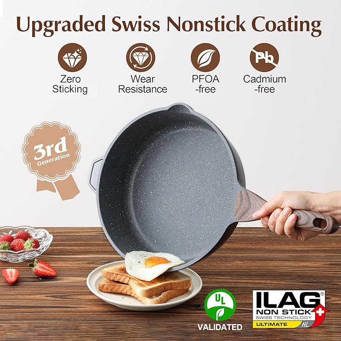 SENSARTE Nonstick Deep Frying Pan Skillet, 12-inch Saute Pan with Lid, Stay-cool Handle, Chef Pan Healthy Stone Cookware Cooking Pan, Induction Compatible, PFOA Free - Image 2