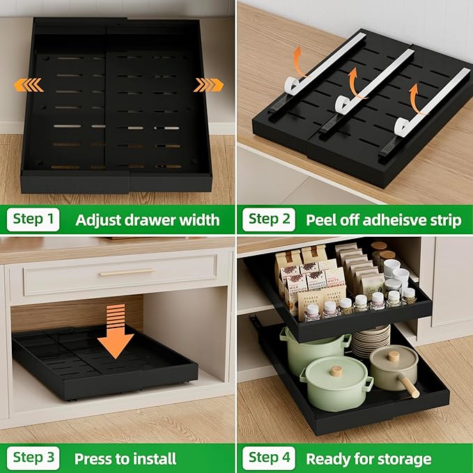 PAKETA 4 Pack Expandable Pull Out Cabinet Organizer, 21'' Deep Pull Out Drawers for Cabinet, Upgrade 3 Slide Rails Sliding Drawers for Cabinets with Adhesive Nano Film (Black, 21"D X 9-14"W) - Image 6