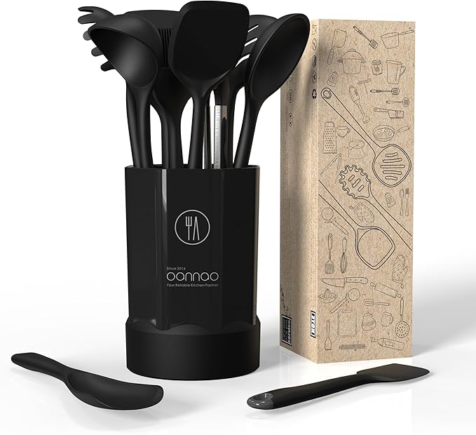 oannao Silicone Kitchen Utensils Set, 600°F Heat Resistant Silicone Cooking Utensils, Spatula, Spoon, Whisk, Tongs, Kitchen Gadgets Sets for Nonstick Cookware, Dishwasher Safe BPA Free (Black) - Image 6