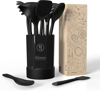 oannao Silicone Kitchen Utensils Set, 600°F Heat Resistant Silicone Cooking Utensils, Spatula, Spoon, Whisk, Tongs, Kitchen Gadgets Sets for Nonstick Cookware, Dishwasher Safe BPA Free (Black) - Image 6