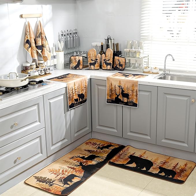 Fourluoo 10 Pcs Farmhouse Kitchen Decor Set 4 Brown Bear Kitchen Towels 2 Forest Wild Animal Pot Holders 2 Rustic Deer Oven Mitts 2 Vintage Forest Wildlife Rug for Cooking Baking Mom Housewarming Gift - Image 7