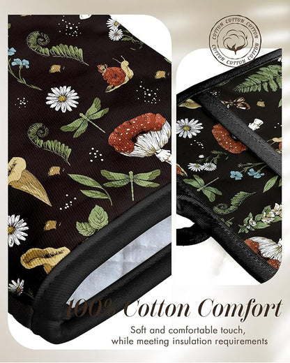 Miss Adola Cotton Oven Mitts and Pot Holders Sets - Quilted Lining Heat Resistant 4 Pieces Set with Hanging Loop Cute Farmhouse Boho Spring Kitchen Decor and Accessories, Black Mushroom - Image 3