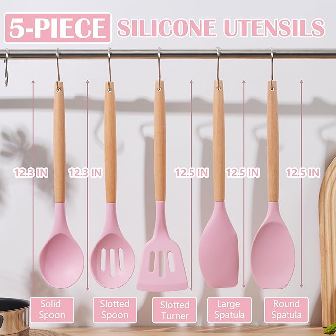 E-far Silicone Cooking Utensils Set, 5-Piece Kitchen Utensils Set with Wooden Handle for Cooking, Silicone Kitchen Nonstick Tools Spatula Turner Slotted Spoons, Nontoxic & Heat Resistant-Pink - Image 2