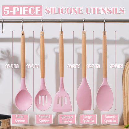 E-far Silicone Cooking Utensils Set, 5-Piece Kitchen Utensils Set with Wooden Handle for Cooking, Silicone Kitchen Nonstick Tools Spatula Turner Slotted Spoons, Nontoxic & Heat Resistant-Pink - Image 2