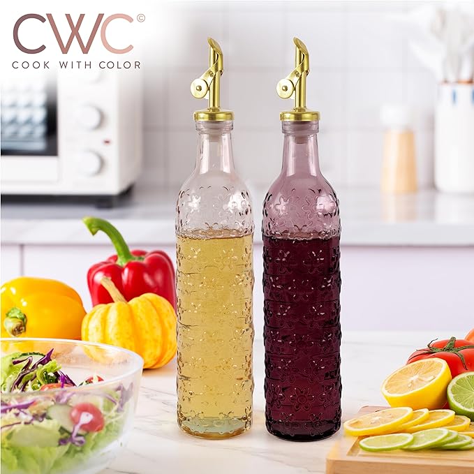 COOK WITH COLOR Glass Olive Oil Bottle Dispenser - 2 Pack- 17oz Oil and Vinegar Cruet - Olive Oil Carafe Decanter for Kitchen, Floral, Pink - Image 8
