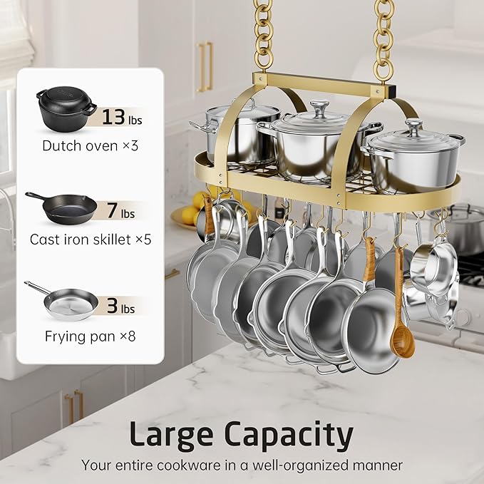 KES Gold 34 Inch Hanging Pot Rack, 100 LBS Capacity Heavy Duty Oval Pot and Pan Hanging Rack Ceiling Mount, Pot Pan Hangers Organizer for Kitchen Island with 20 Hooks (For 16" and 24" Joist) - Image 2