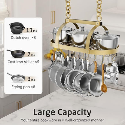 KES Gold 34 Inch Hanging Pot Rack, 100 LBS Capacity Heavy Duty Oval Pot and Pan Hanging Rack Ceiling Mount, Pot Pan Hangers Organizer for Kitchen Island with 20 Hooks (For 16" and 24" Joist) - Image 2