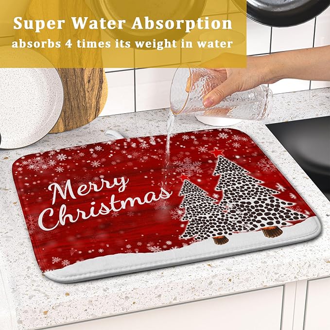 Merry Christmas Tree Red Dish Drying Mat for Kitchen Counter,Winter Snowflake Pine Drying Mat 16 x 18 Inch with Absorbent Reversible Microfiber Dish Drying Pad for Coffee Bar - Image 7