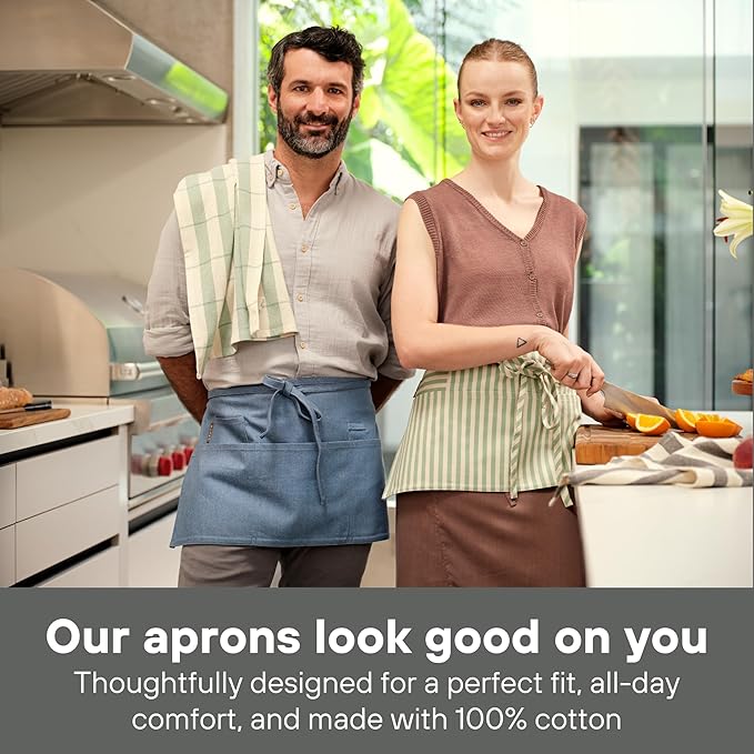MEEMA Chef Waist Apron Cotton Fabric |Washable & Breathable Waitress & Server Half Aprons for Women with Pockets & Long Waist Straps | Cooking, Baking, Grilling & Crafting