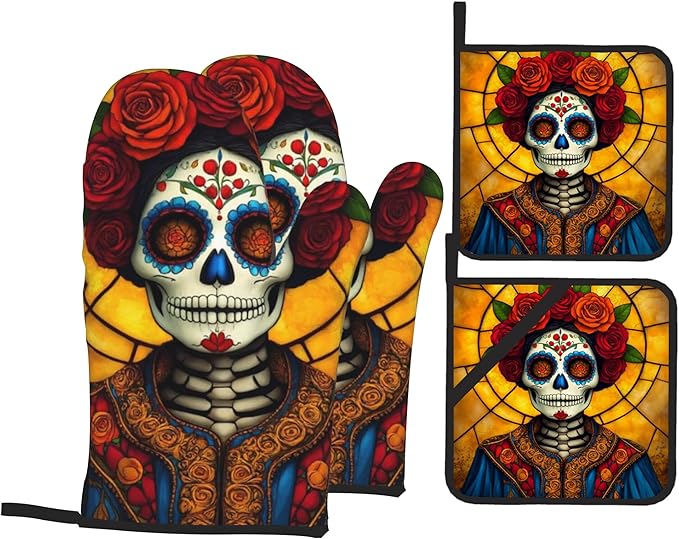 Flower Skull Oven Mitts with Matching Potholders - Heat Resistant Kitchen Accessories for Baking, Grilling, Cooking, Gifts for Women