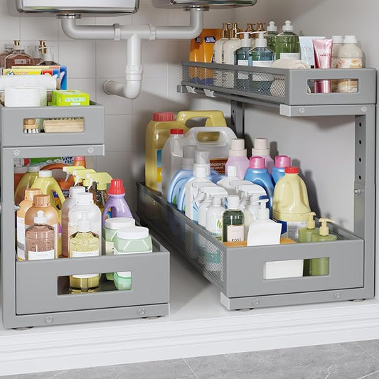 2 Pack 20.47IN Depth Under Sink Storage Organizer, Large 2-Tier Elegant Mesh Pull Out Shelf for Kitchen and Bathroom Cabinet Organization, L-Shaped and Adjustable Height Design-Gun Gray by UnderSinkOrganizer