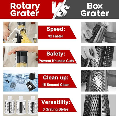 Cheese Grater Hand Crank, Rotary Vegetable Shredder with Handle and Strong Suction base, 3 in 1 Kitchen Speed Spin Veggie Slicer Nut Grinder for Pizza Top, Hash brown, Salad and More (Black) - Image 5