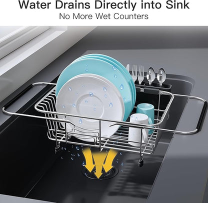 Apartment RV Small Dish Drainer Drying Rack Over The Sink In Stainless Steel for Narrow Kitchen, Counter Space Saving Compact Expandable Metal Plate Dryer Strainer, Modern Above Wire Drain Holder - Image 5
