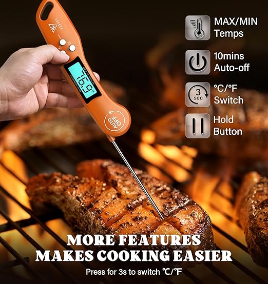 DOQAUS Digital Meat Thermometer, Instant Read Food Thermometer for Cooking with Backlit & Auto-Rotating Display, 4.6” Probe for Grilling, Baking, and Perfect BBQ - Orange - Image 5
