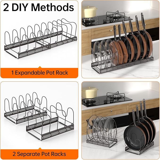 MUDEELA Pots and Pans Organizer Rack for under Cabinet, Expandable Pot Lid Kitchen Cabinet Organizer Holder with 10 Adjustable Compartment Cutting Board Organizer for Pan Lid Cookie Sheet Rack, Bronze - Image 5