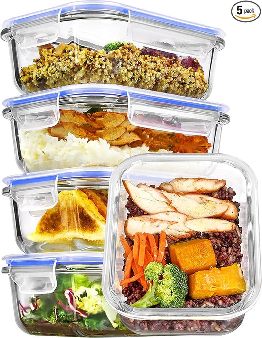 Vtopmart 5Pack 22oz Glass Storage Containers with Lids, Glass Meal Prep Food Container Sets with Snap Airtight Lids for Microwave, Oven, Freezer and Dishwasher, Blue by Vtopmart