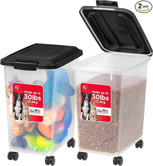 IRIS USA Dog Food Storage Container, 2 Pack, Up to 30 lbs Each, Airtight Seal for Freshness, Wheels for Rolling, Easy One Hand Opening, Made in USA, BPA Free, Clear/Black by IRISUSA