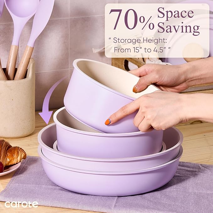 CAROTE Pots and Pans Set Non Stick, Cookware Sets, 19pcs Kitchen Set, Oven/Fridge Safe, Space Saving Pots Set, Nonstick Set with Versatile Removable/Detachable Handle, Induction RV Set, Purple - Image 4