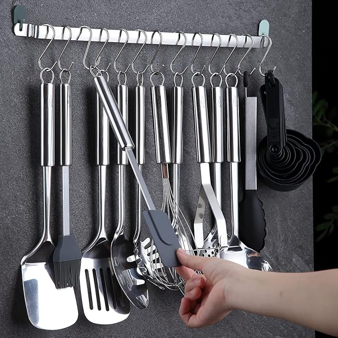 Berglander Kitchen Utensils Set 38 Pieces, Stainless Steel Cooking Utensils Set, Kitchen Gadgets Cookware, Kitchen Tool Set with Utensil Holder Rack And Hooks For Hanging Dishwasher Safe