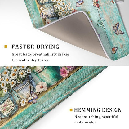 Spring Floral Rustic Dish Drying Mat for Kitchen Counter Absorbent Microfiber Large Drying Pad 18 x 24 Inch Flowers Jars - Image 3