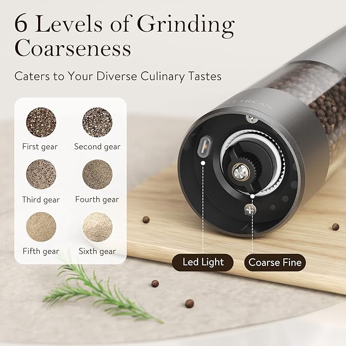 Ultrean Salt and Pepper Grinder Set, Rechargeable Salt and Pepper Shakers, 6 Adjustable Coarseness, LED Light, Kitchen Gadget & Housewarming Gift, Cooking Gifts for Men, Stainless Steel - Image 3