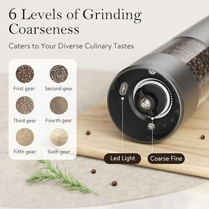 Ultrean Salt and Pepper Grinder Set, Rechargeable Salt and Pepper Shakers, 6 Adjustable Coarseness, LED Light, Kitchen Gadget & Housewarming Gift, Cooking Gifts for Men, Stainless Steel - Image 3