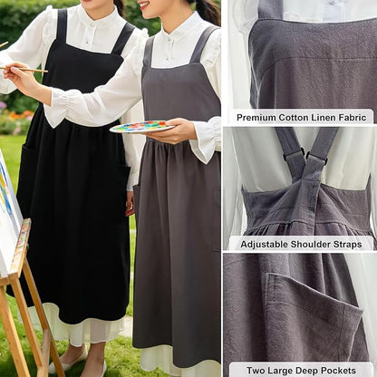 Uaussi Cotton Linen Apron Cross Back Work Apron for Women with Pockets Pinafore Dress X Cross Halter Apron for Chef Gardening - Image 2