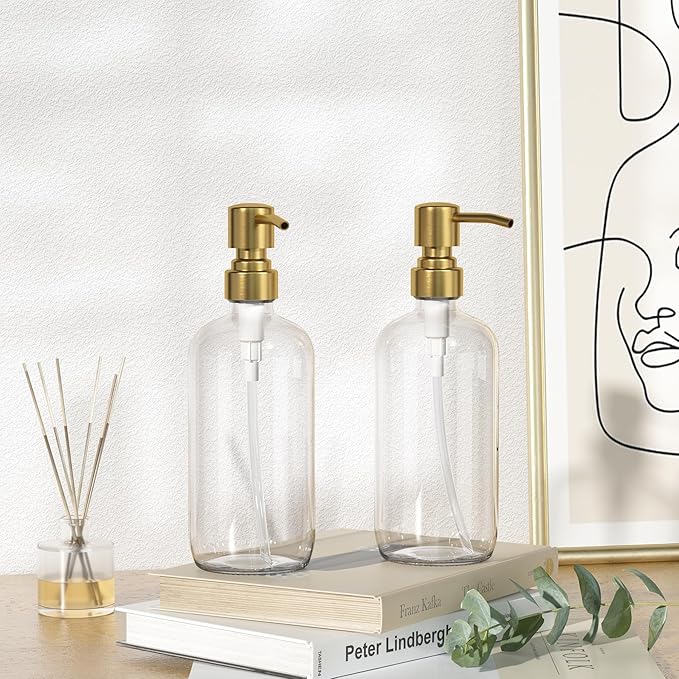 AmazerBath Soap Dispenser, 2 Pack Glass Soap Dispenser with Pump Stainless Steel, 17 Oz Clear Gold Hand Soap Dispensers for Bathroom and Kitchen - Image 8