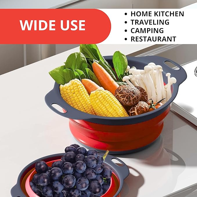 Set of 3 Red Food Strainer for Kitchen - Silicone Sieve Small Foldable Colander for Pasta and Spaghetti Multifunctional Silicone Collapsible Strainer for Camping - Image 8