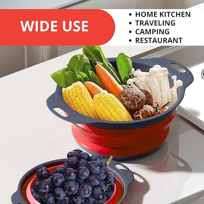 Set of 3 Red Food Strainer for Kitchen - Silicone Sieve Small Foldable Colander for Pasta and Spaghetti Multifunctional Silicone Collapsible Strainer for Camping - Image 8